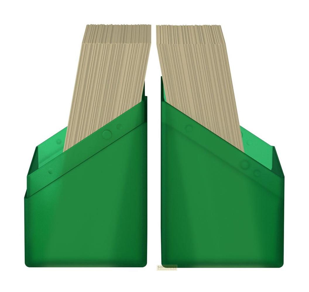 Deux porte-documents verts avec des piles de bâtonnets beiges.