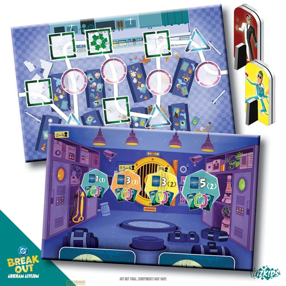 Gioco da tavolo a tema Arkham Asylum, celle e carte personaggio.
