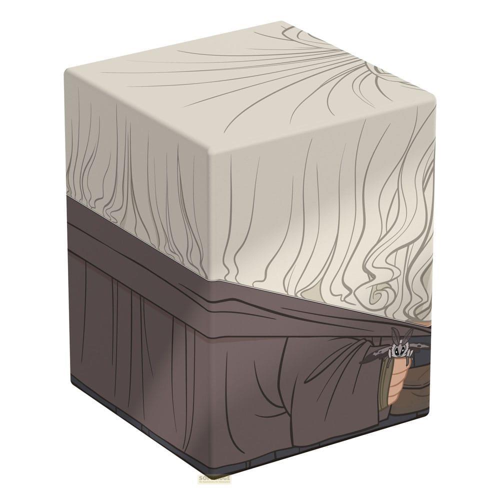 Une boîte marron avec un couvercle beige clair orné d'art linéaire gris.