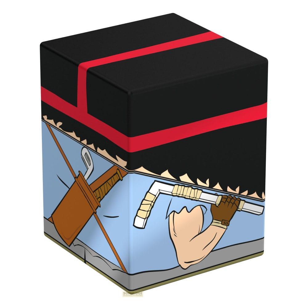 Un cube noir à rayures rouges présente l'illustration d'un homme tenant un fusil.