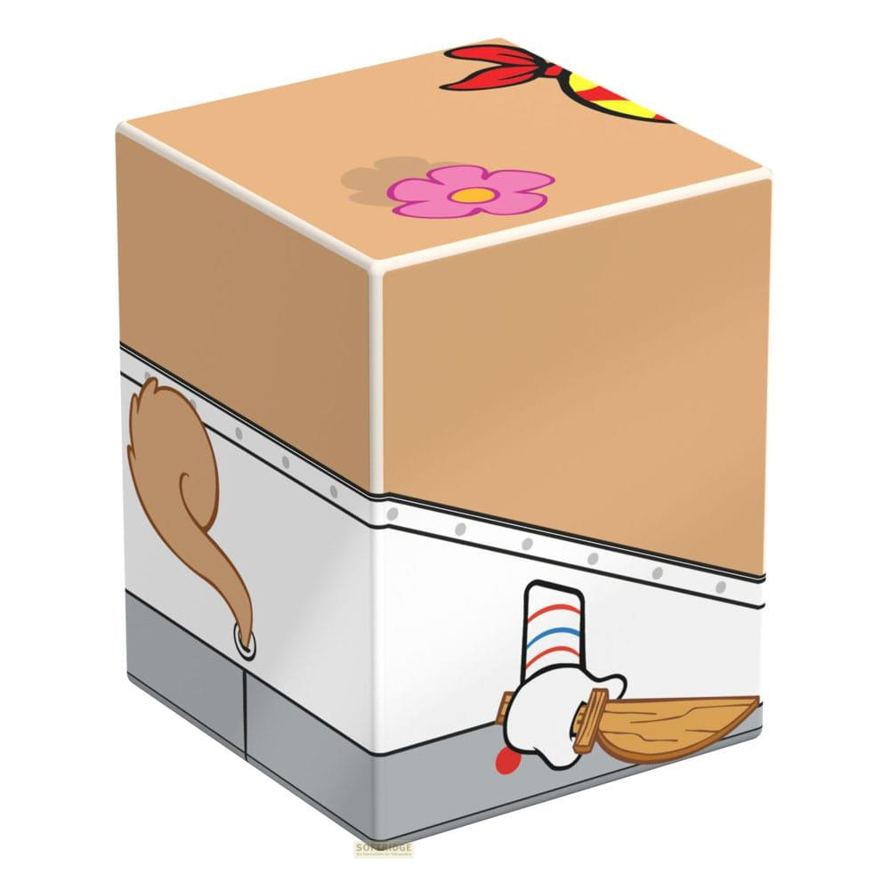 Un cubo marrone con motivi a cartone animato: un fiore, una coda e una mano con coltello.