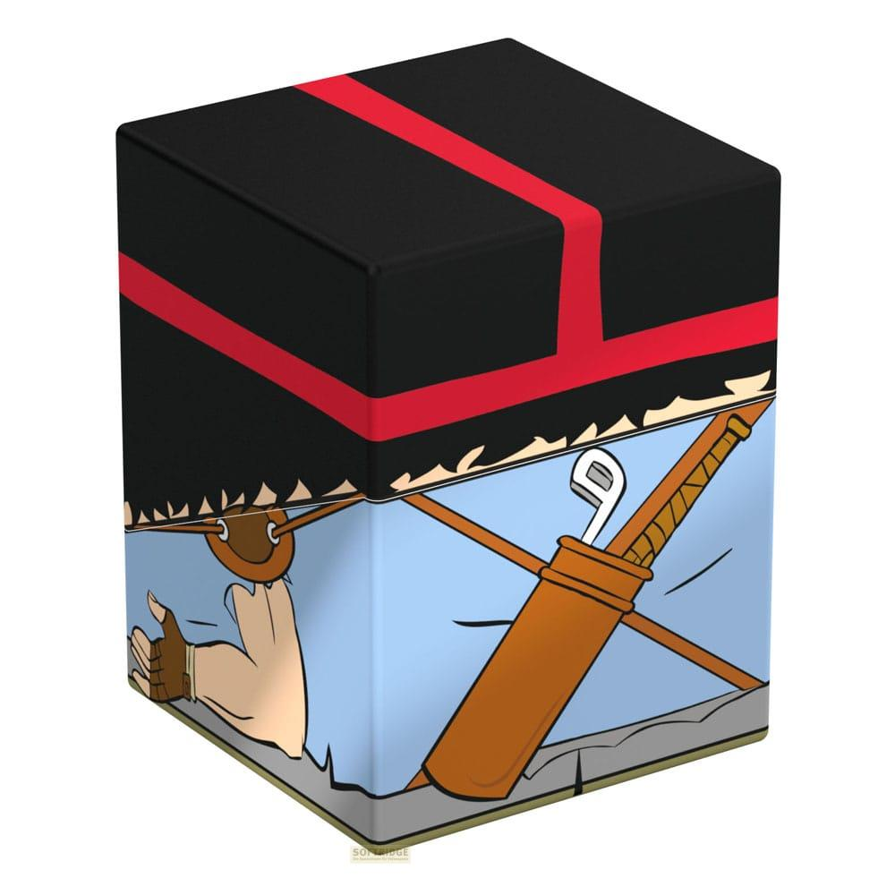 Un cube noir rayé de rouge présente une illustration de dessin animé de club de golf.