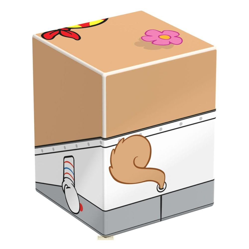 Un cubo marrone con immagini di fiori e una coda disegnati.