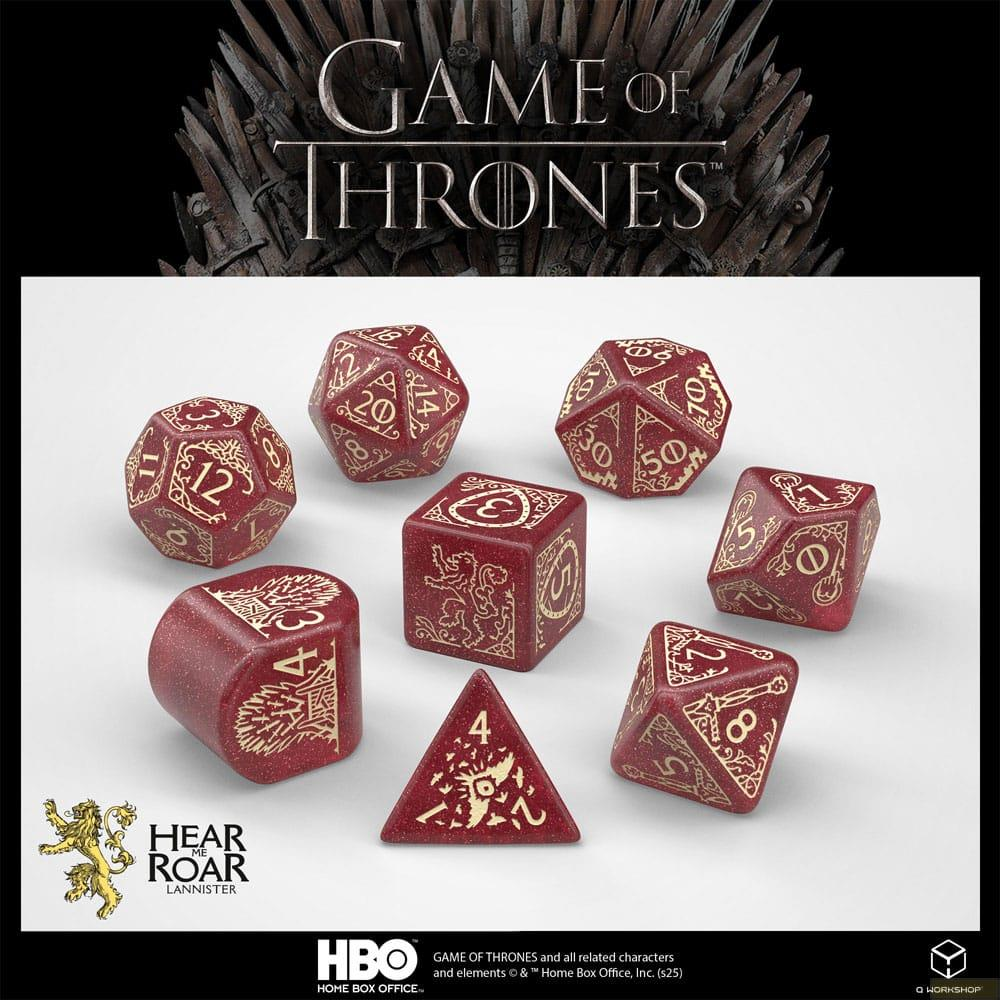 Dadi rossi con simboli e numeri dorati, incluso il logo Lannister.