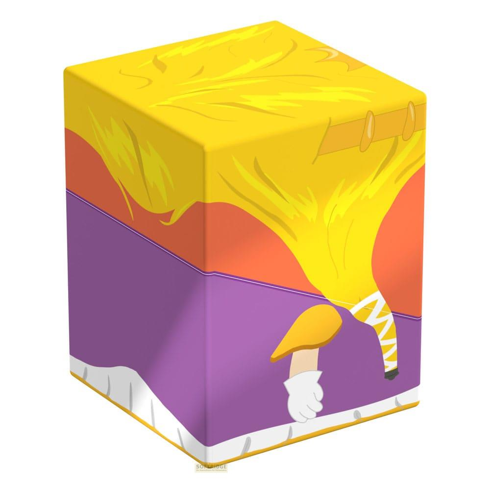 Un cubo giallo con base viola e striscia arancione.