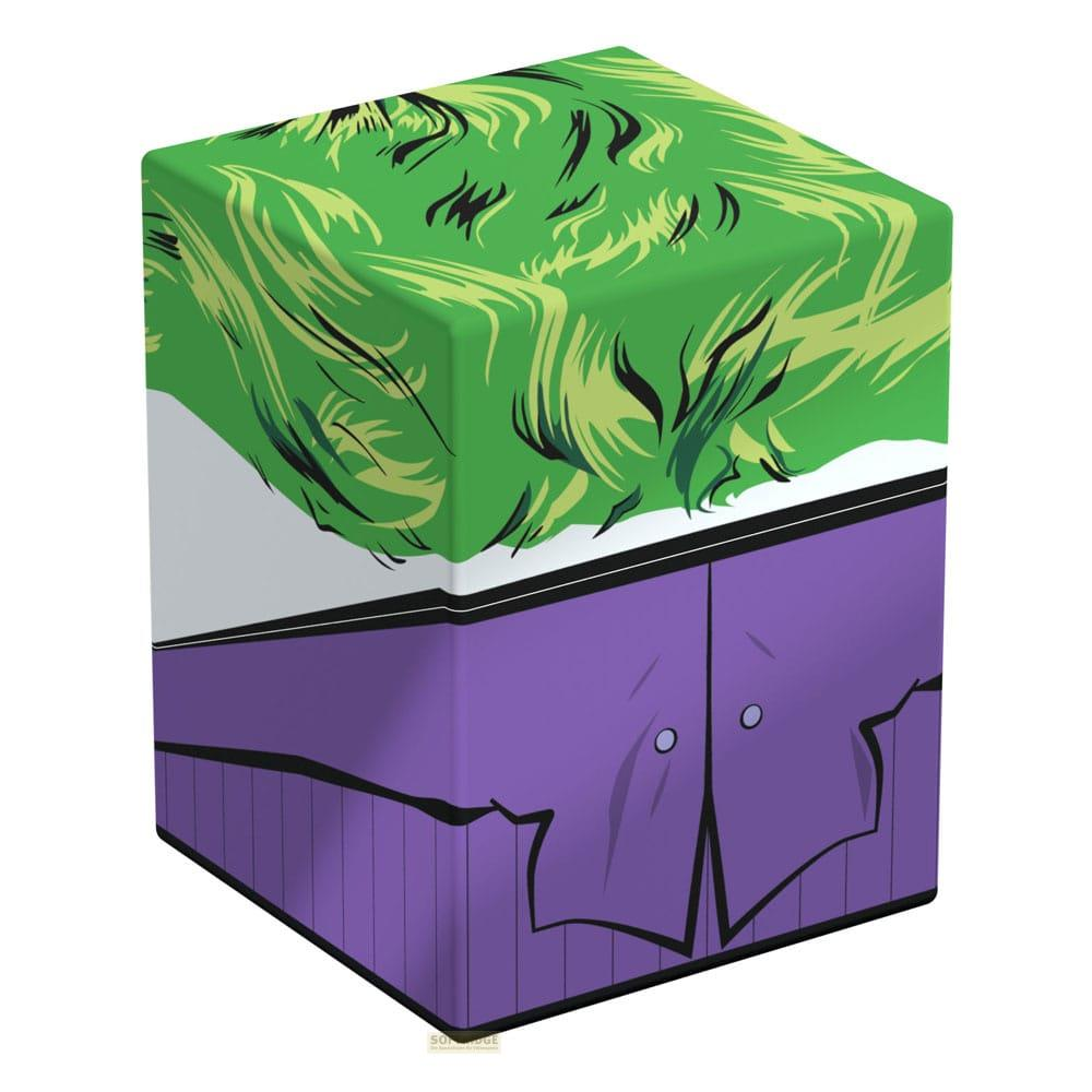 Una scatola verde con il volto del Joker e il suo abito viola.