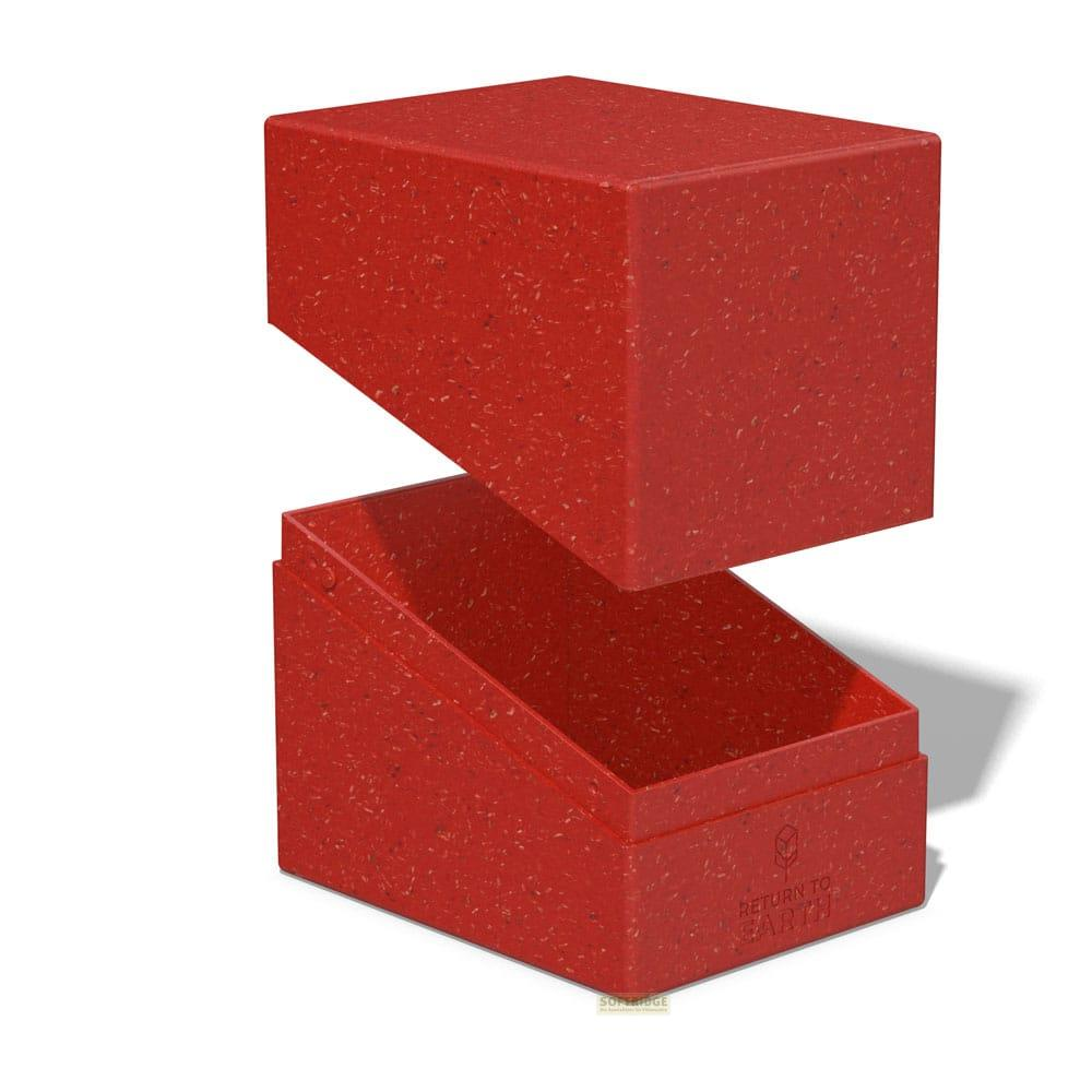 Contenitore rosso per carte con coperchio, leggermente aperto, su sfondo bianco.