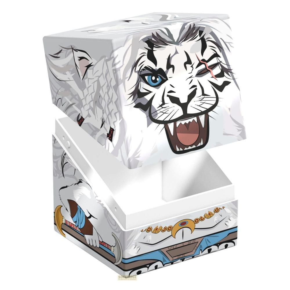 Boîte blanche décorée d'une tête de tigre blanc et de détails d'armure.