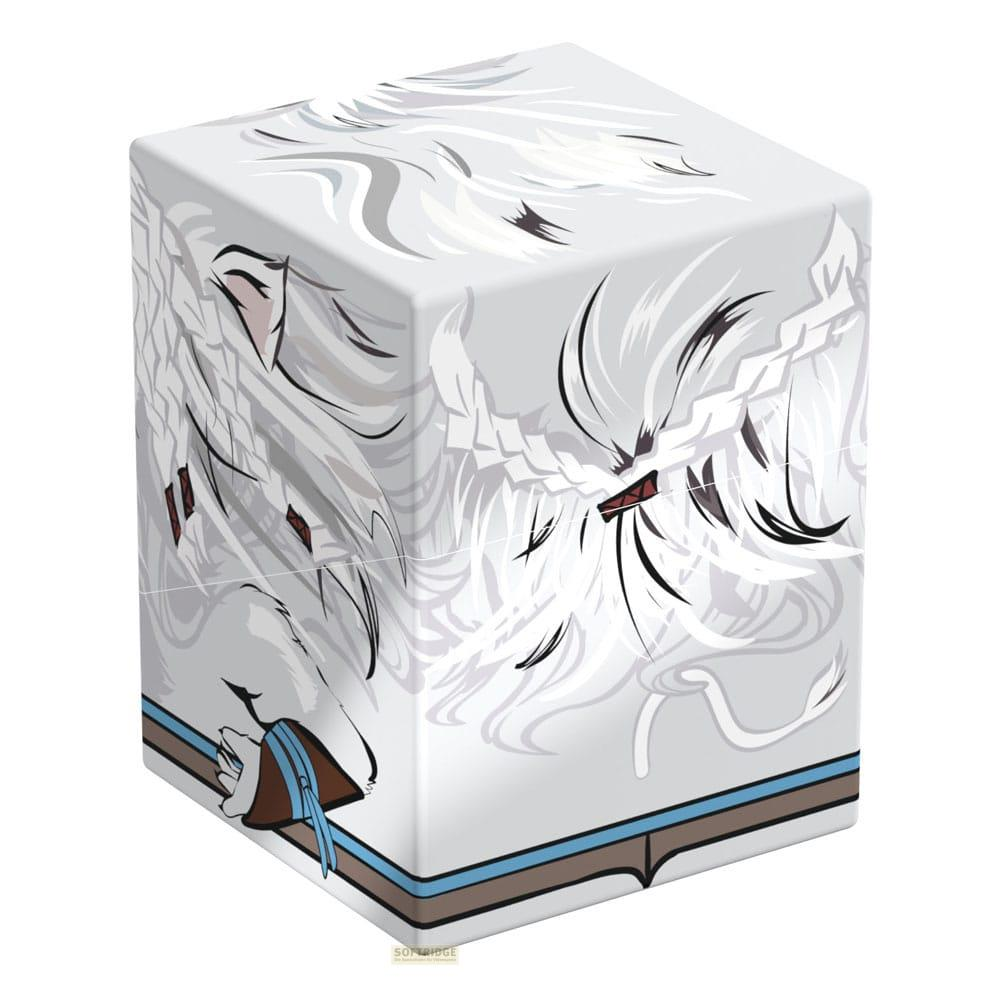 Un cube blanc avec un motif de tête de dragon en gris et noir.