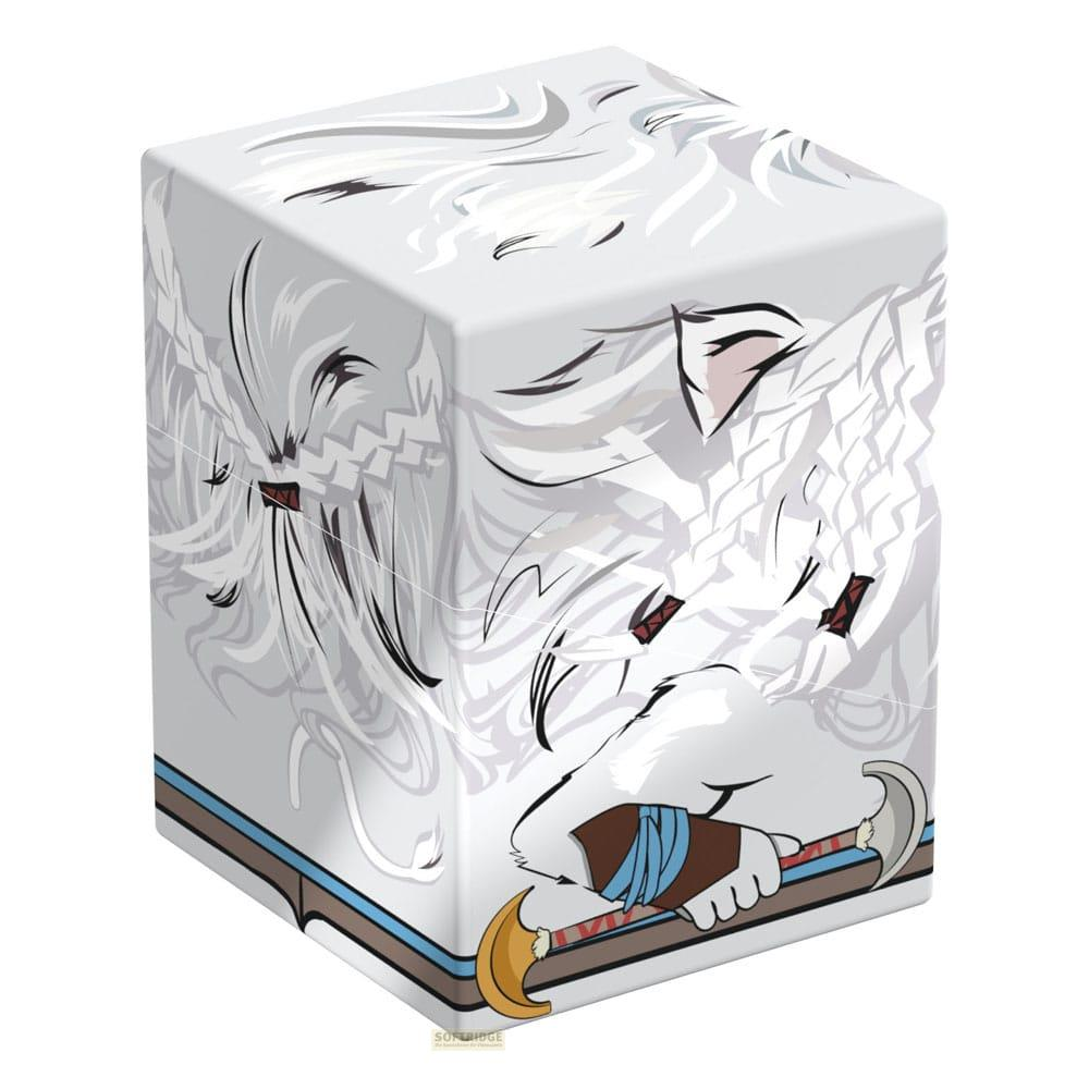 Un cube blanc orné d'une tête de loup blanche et d'éléments guerriers.