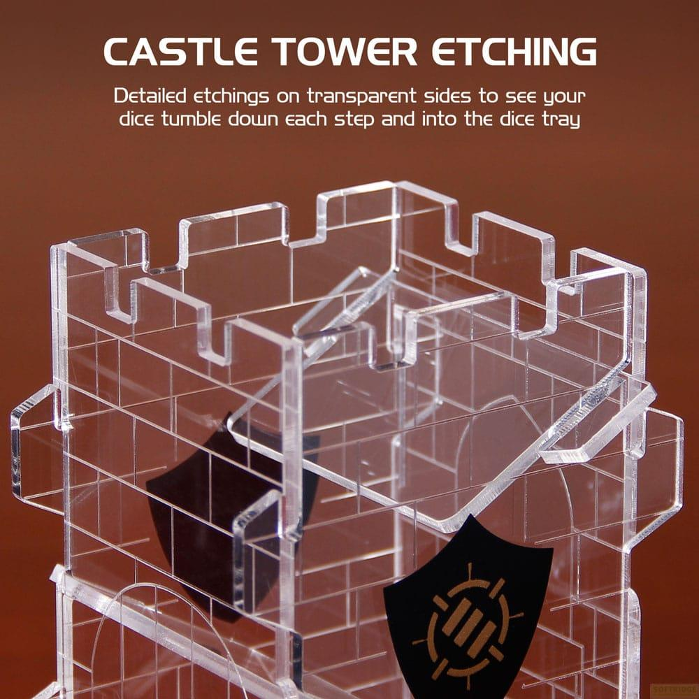 Torre del castello trasparente con incisioni dettagliate che mostrano percorsi per dadi.