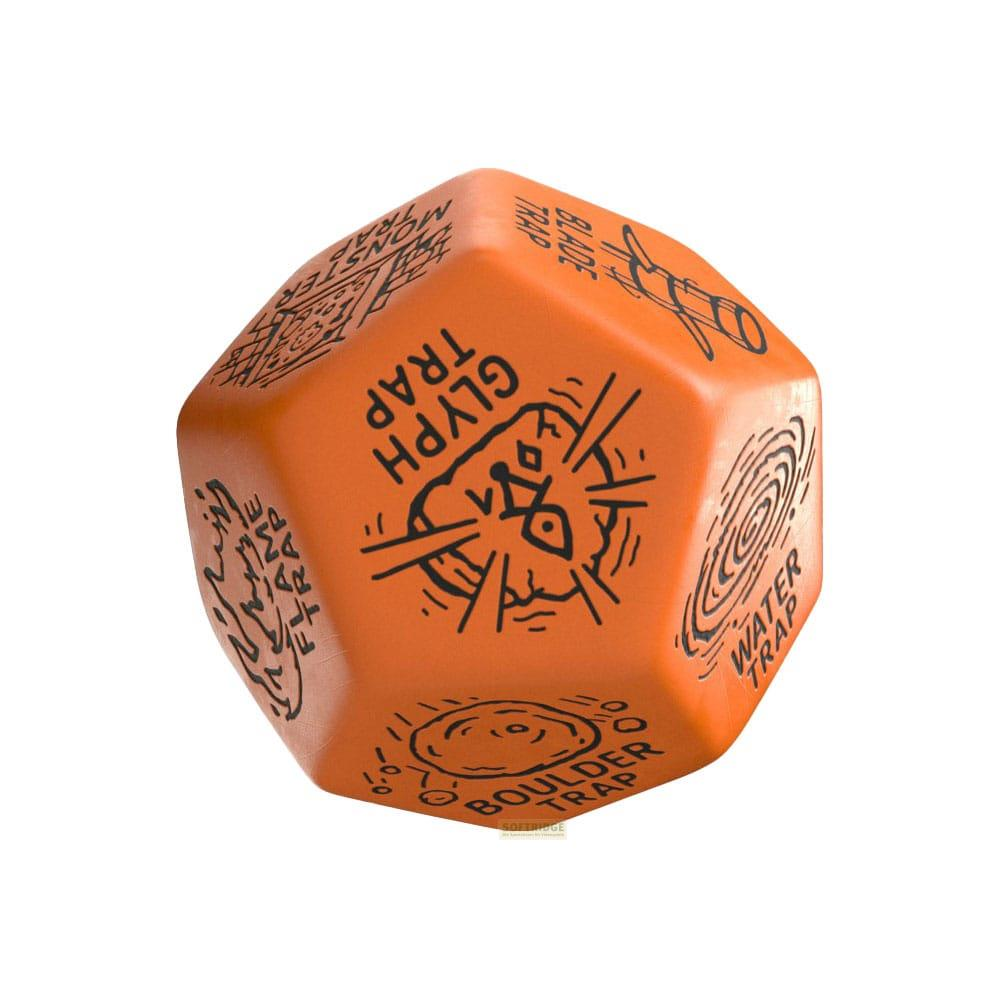Un dado arancione con simboli neri e testo come 'Glyph Trap'.