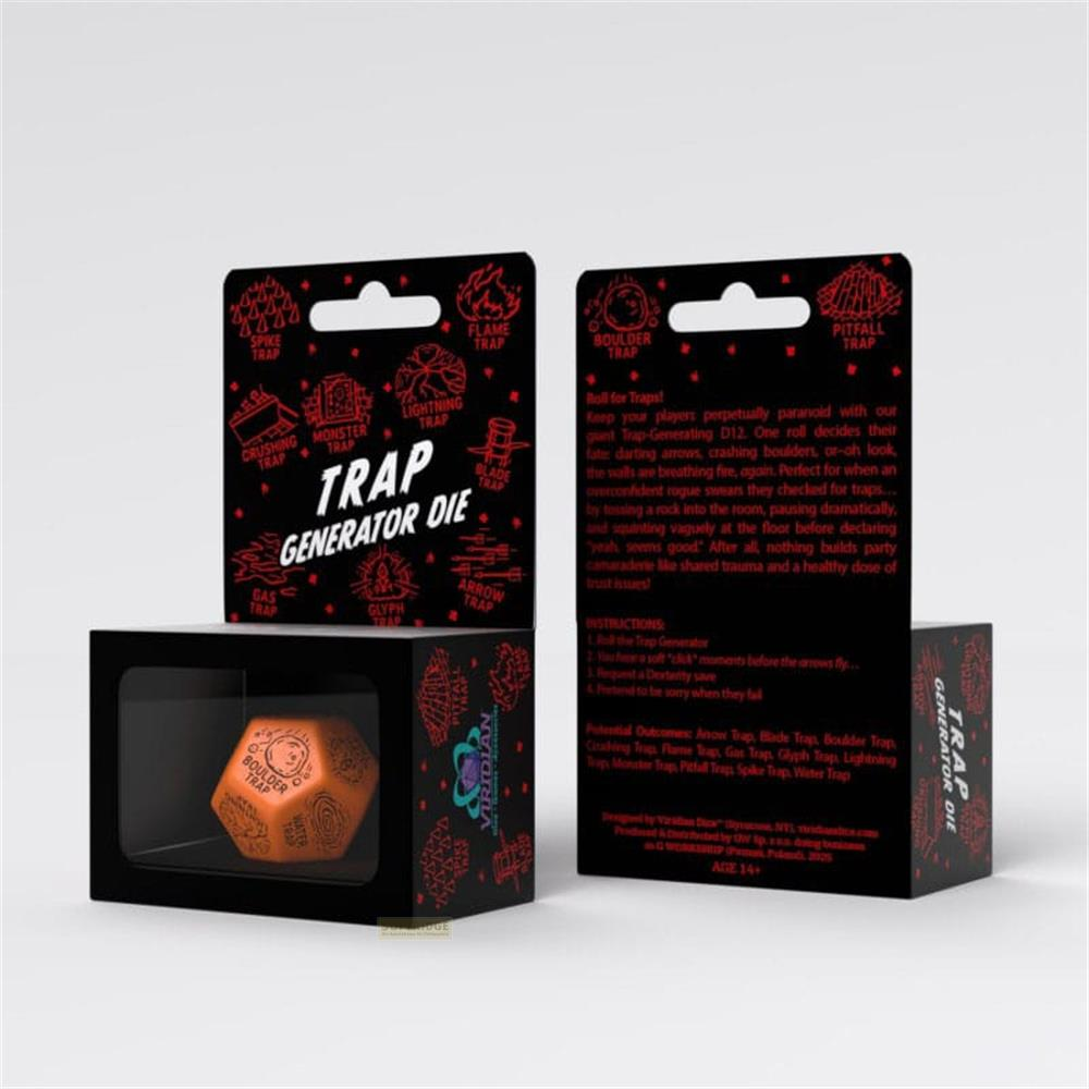 Dado D12 arancione con icone trappola in scatola nera. Gioco "Trap Generator Die".