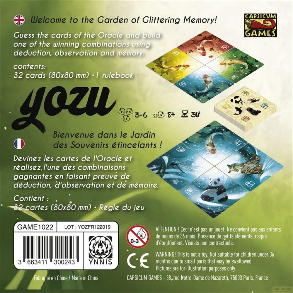 Art de boîte de jeu avec images de koï et de panda, informations et avertissements.