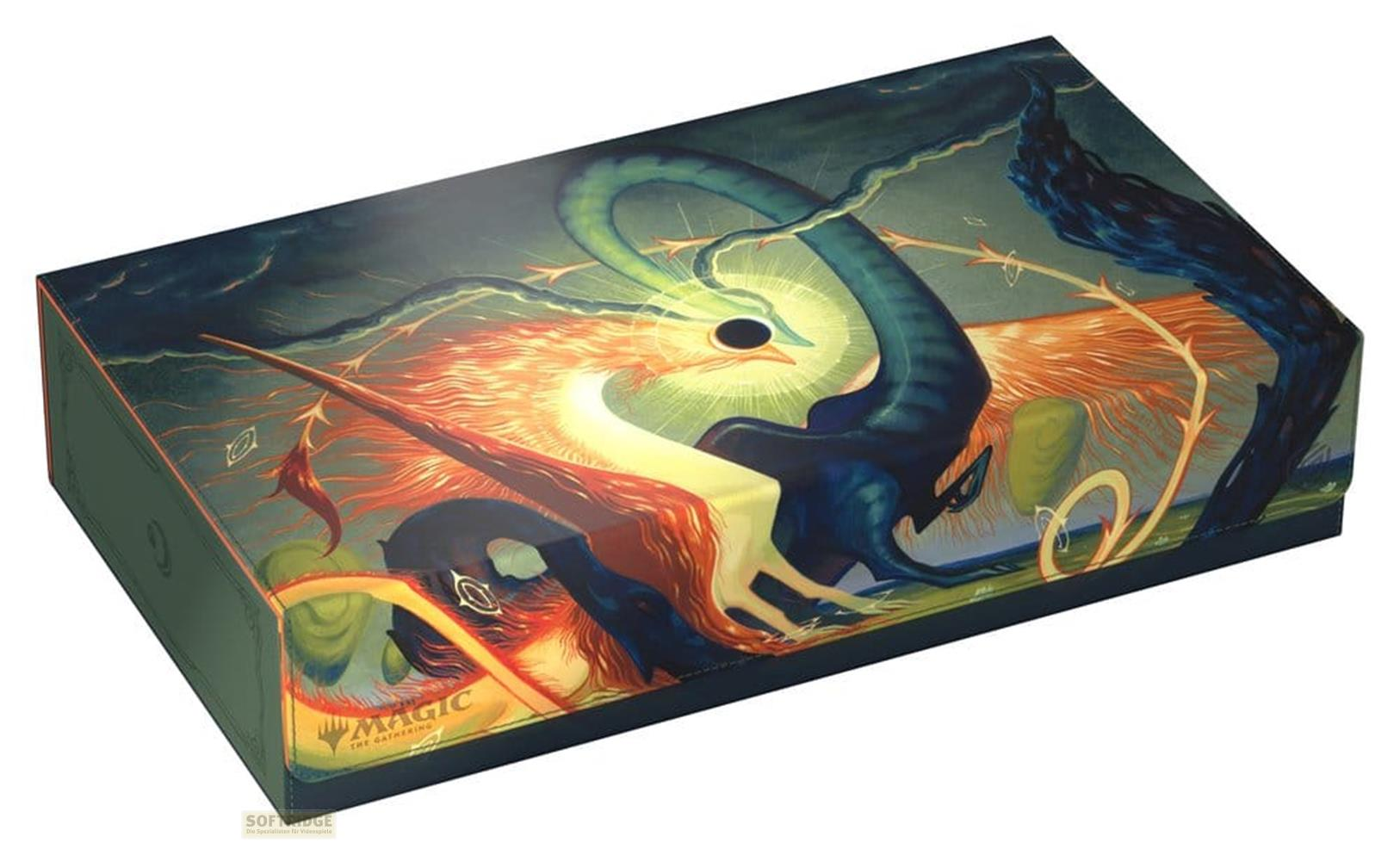 Une boîte représentant un dragon et un phénix. Fond vert foncé.