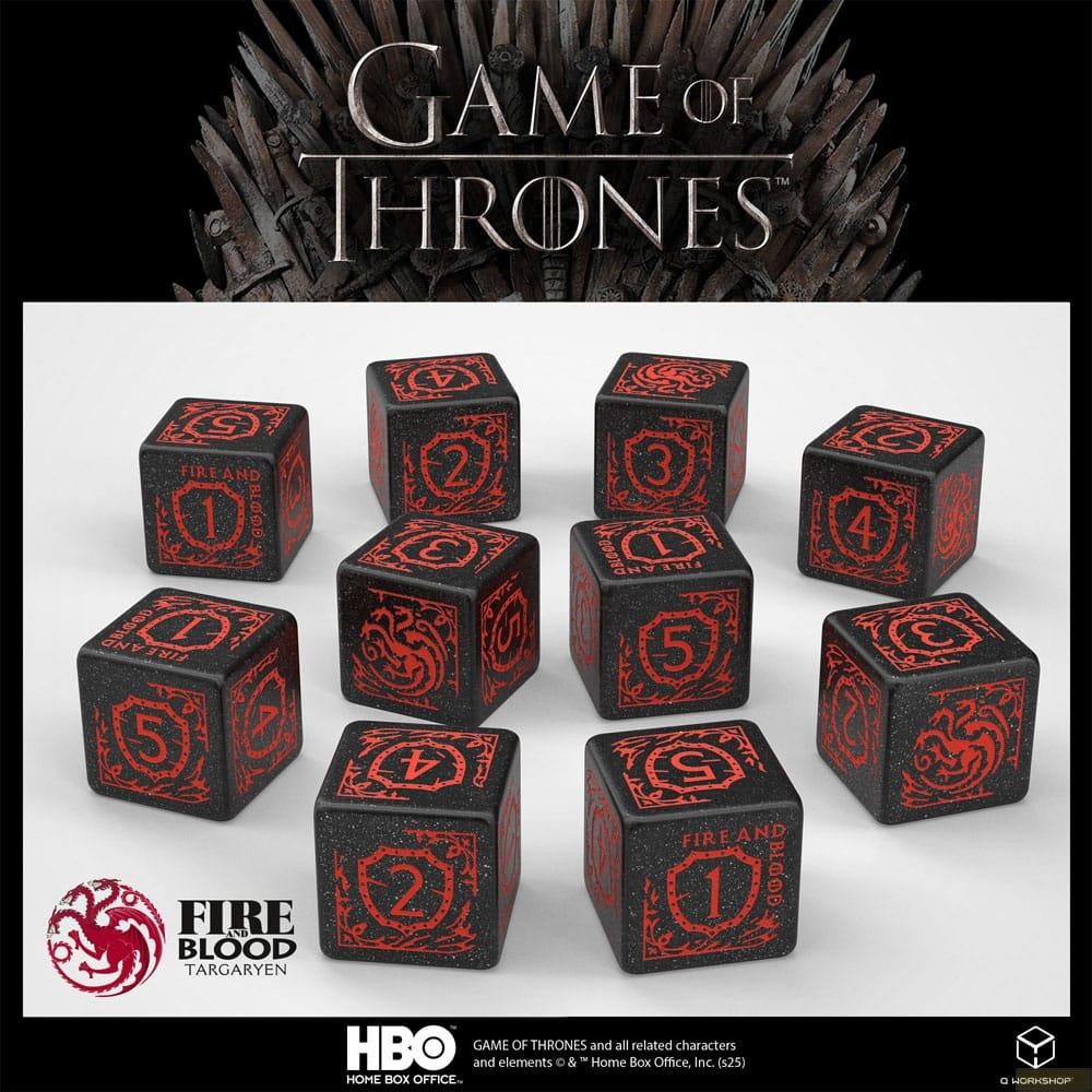 Dadi neri con simboli e numeri rossi, ispirati a Game of Thrones.