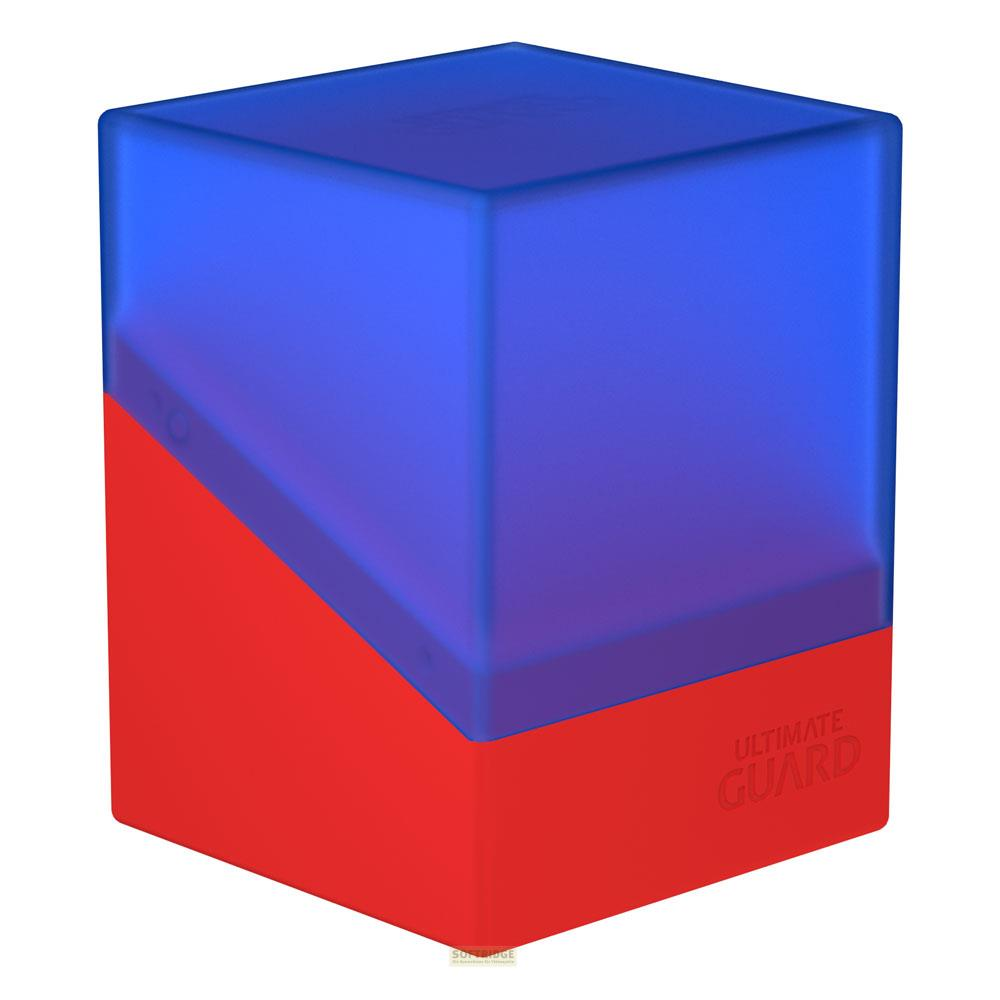 Scatola porta carte da gioco rossa e blu, con logo.