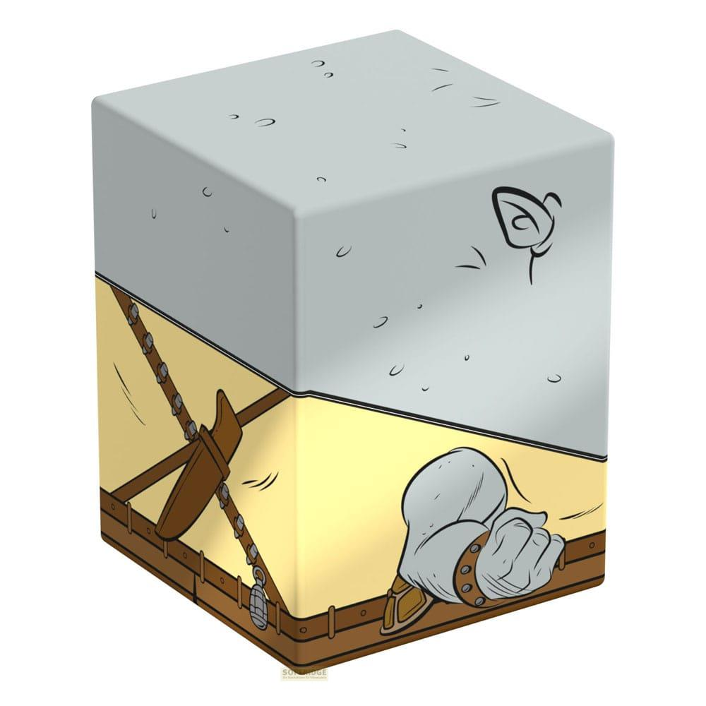 Eine graue Box mit einem Cartoon-Design eines Mannes, der eine Spitzhacke trägt.
