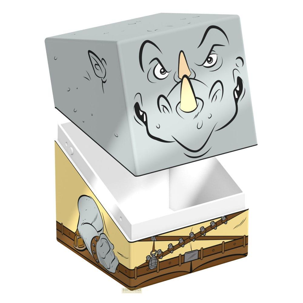 Eine graue Box mit einem Nashorn-Gesicht oben und einem gepanzerten Arm unten.