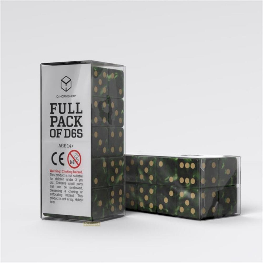 Dadi verdi con puntini dorati in una confezione di plastica trasparente con etichetta 'Full Pack of D6s'.