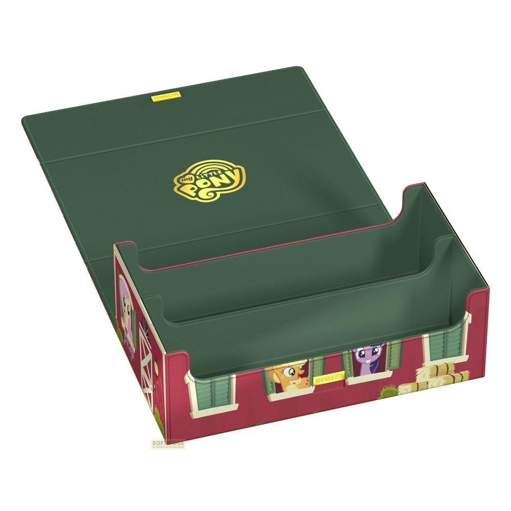 Boîte de rangement verte My Little Pony avec façades de bâtiment rouges et poneys aux fenêtres.