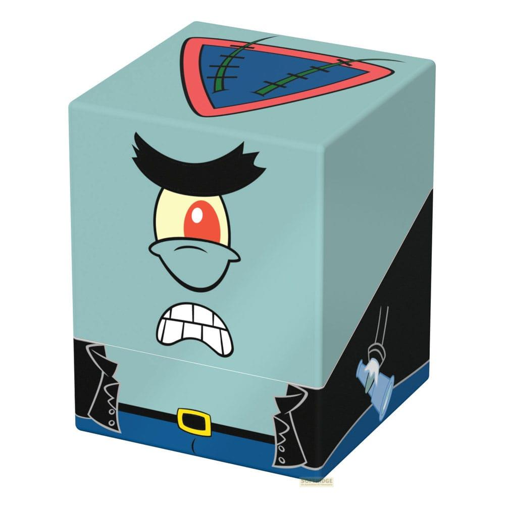 Eine hellblaue Box mit dem Gesicht von Plankton, einem Auge, Mund und Hemd.