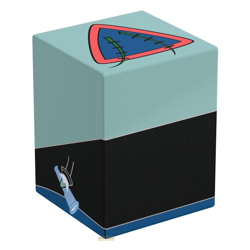 Ein hellblauer Würfel mit schwarzem und blauem Streifen. Oben ein Dreieck-Logo.