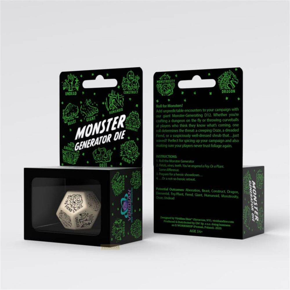 Generatore di Mostri D12 con icone di mostri e istruzioni. Dado da gioco in scatola.