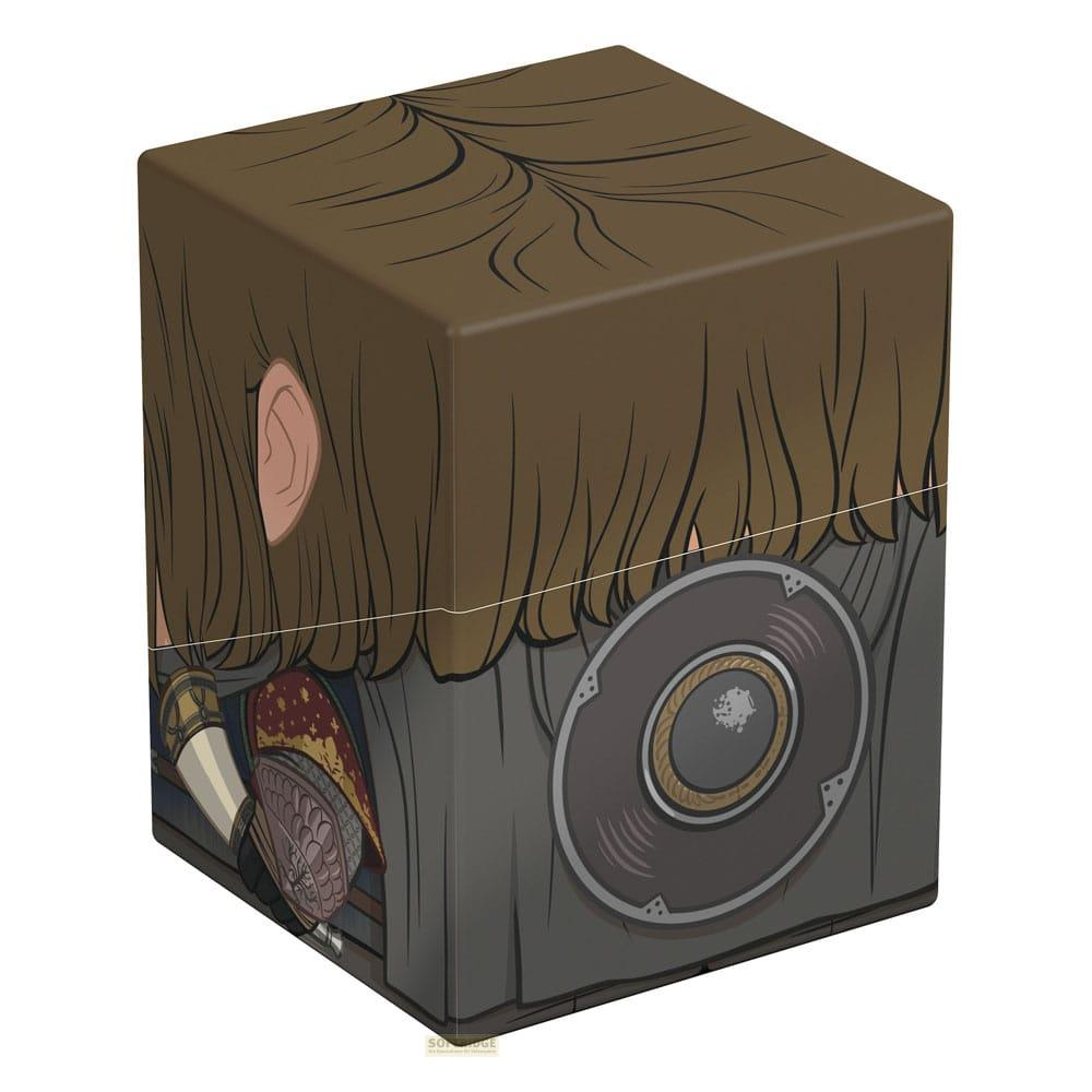 Boîte marron représentant un personnage d'anime, cheveux bruns, oreille, bouclier.