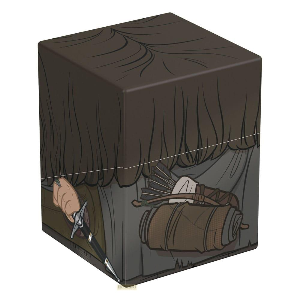 Un cube avec épée, arc, flèches et sac à dos. Des cheveux brun foncé couvrent le dessus.