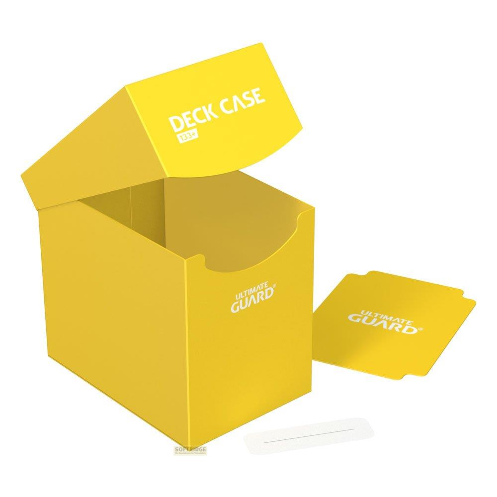 Custodia gialla per carte con coperchio aperto e logo.