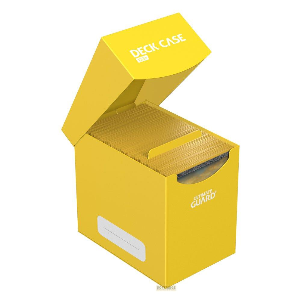 Un contenitore giallo per mazzi con scritto "DECK CASE 133+" e 