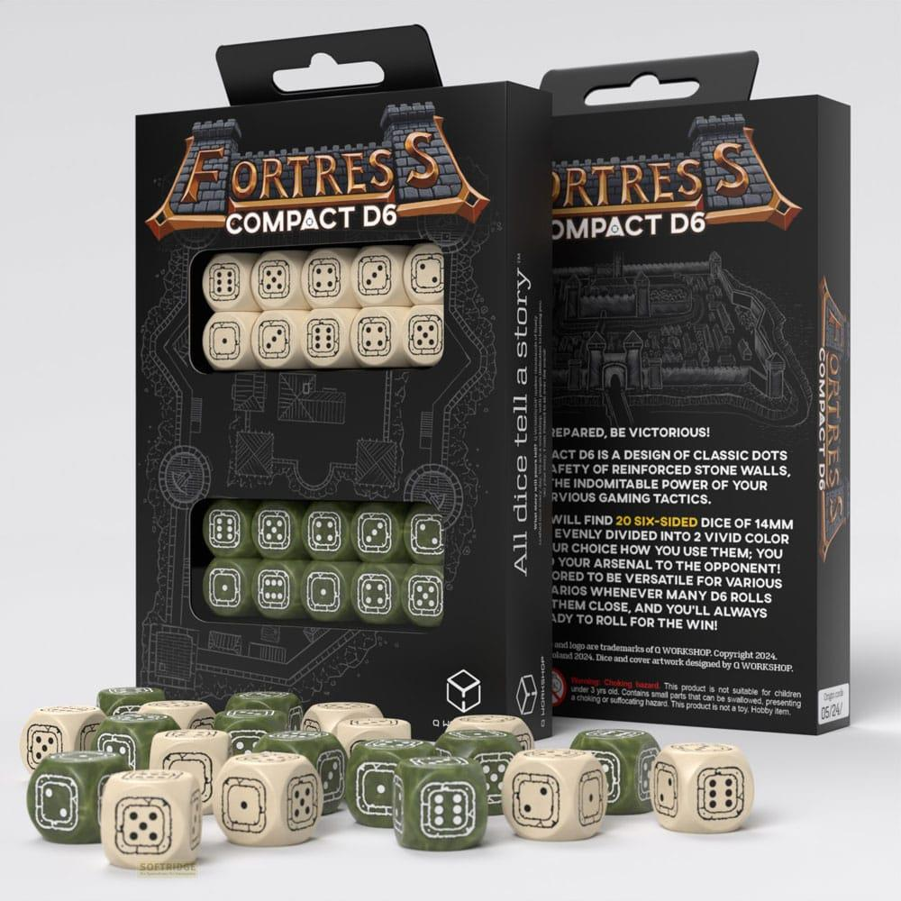 Set di dadi Fortress Compact D6 in confezione scura, alcuni dadi in primo piano.