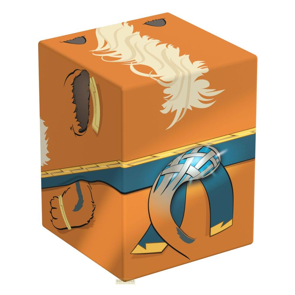 Boîte orange avec bande bleue et accent argenté.
