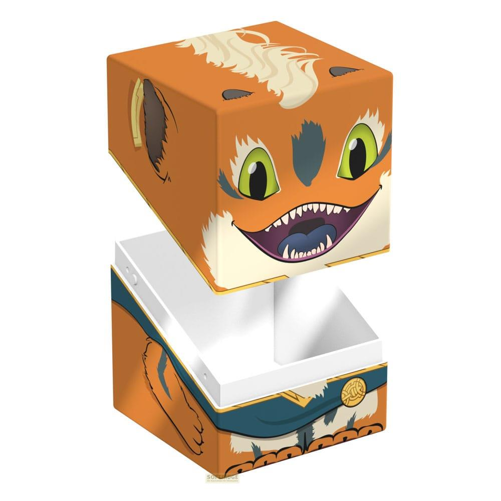 Bo&icirc;te cubique orange avec visage de renard dessus et corps dessous.