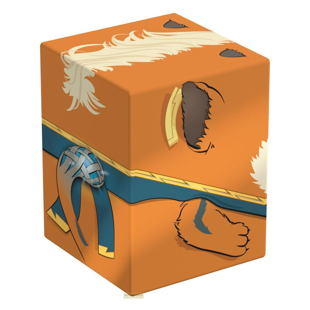 Boîte cube orange avec design animal anime, accents bleus et jaunes.