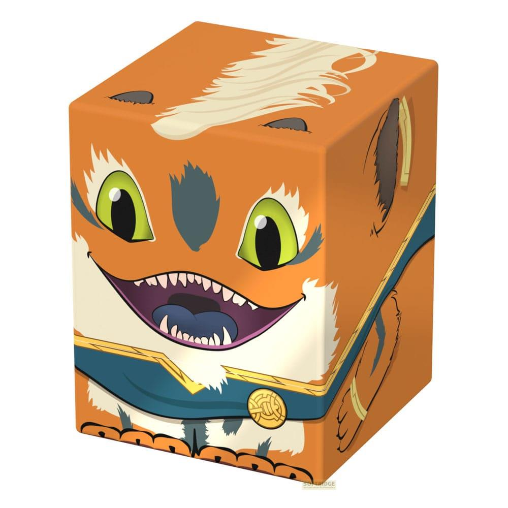 Cube orange avec un design de renard amical, grands yeux verts et bouche ouverte.