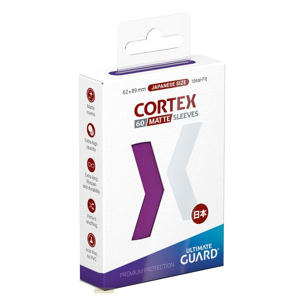 Confezione CORTEX 60 MATTE SLEEVES, misura giapponese, con accenti viola e bianchi.