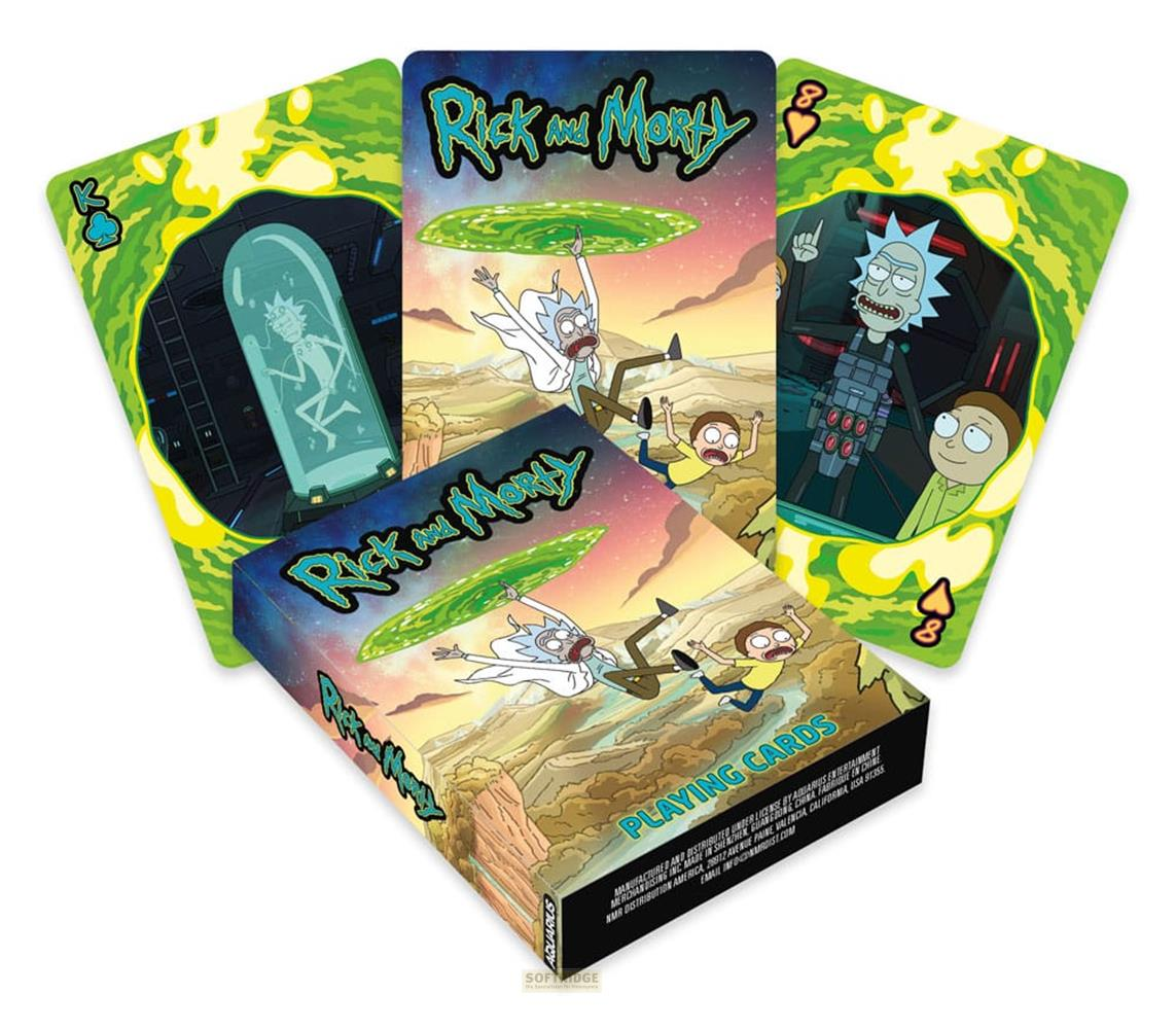 Carte da gioco Rick e Morty con Rick in un serbatoio e Morty, circondati da portali.