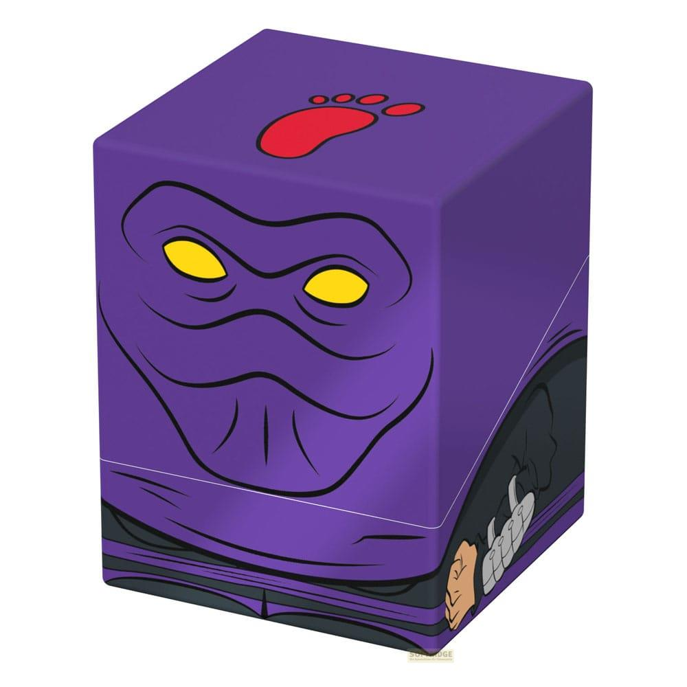 Cubo viola con faccia da cartone animato e impronta rossa.