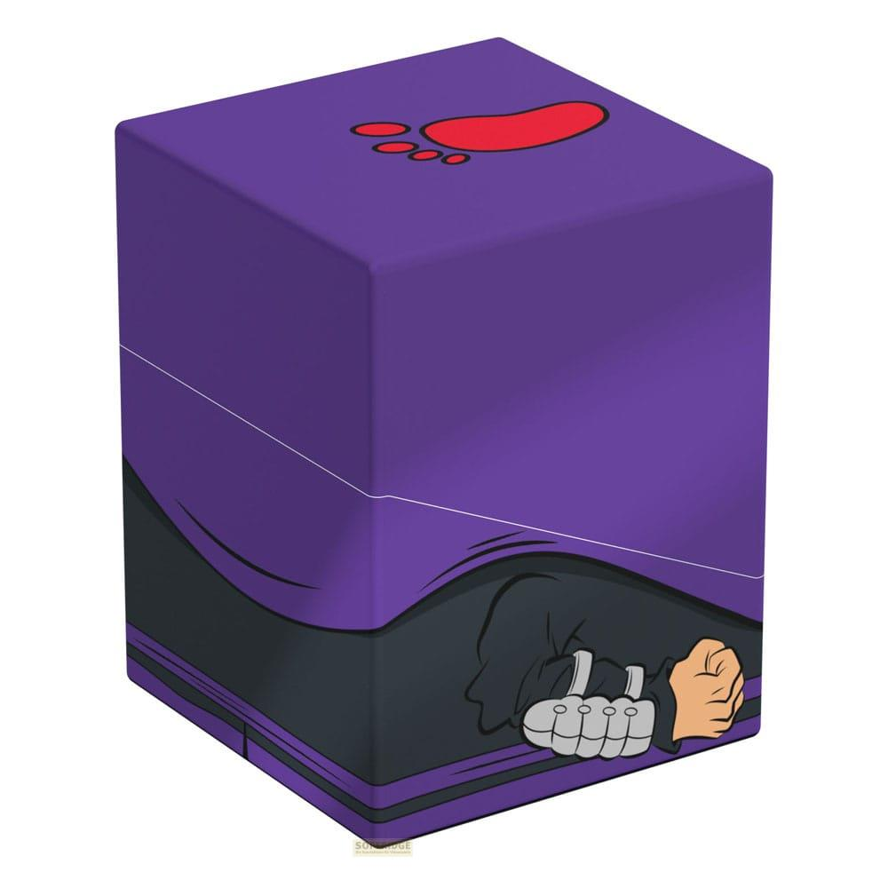 Scatola viola con impronta rossa in alto e figura incappucciata nera sotto.