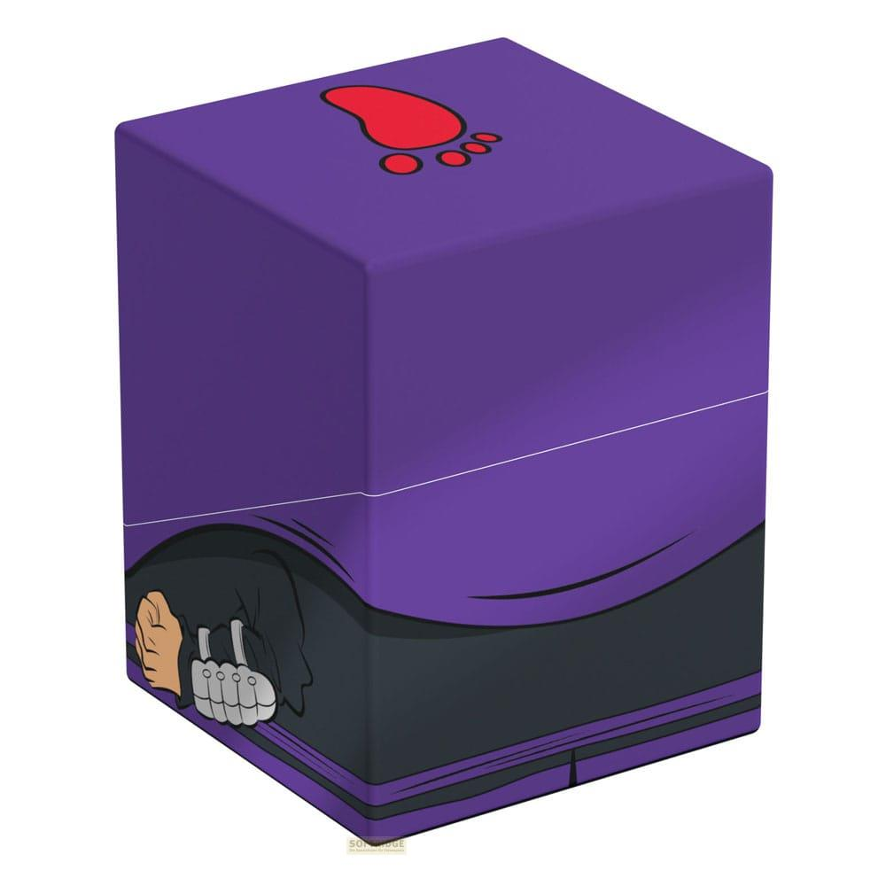 Scatola viola con impronta rossa sopra e design di abiti neri.