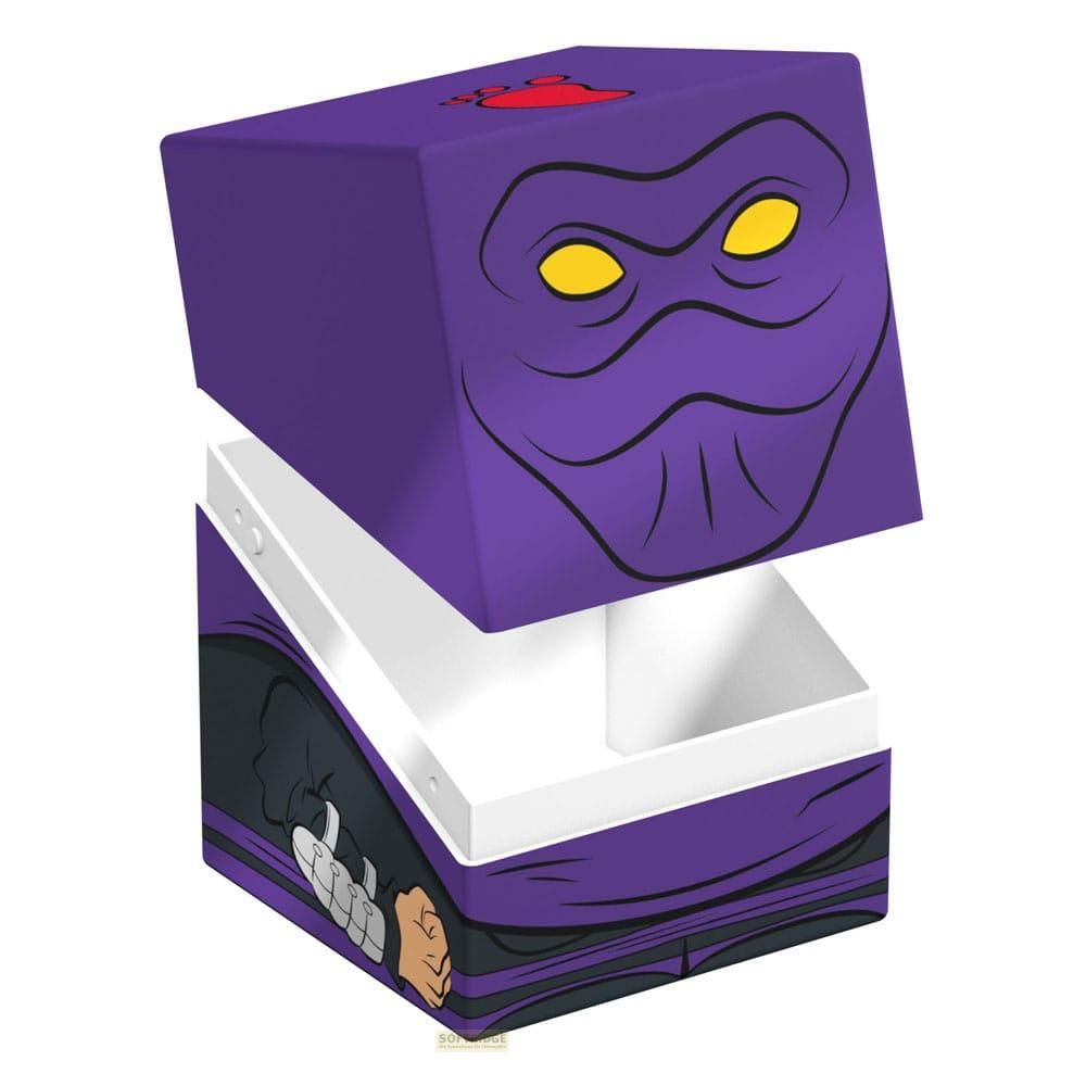 Scatola a cubo viola con volto a maschera viola e occhi gialli. Aperta.