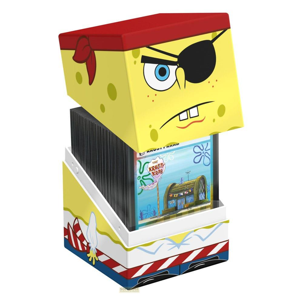 Un coperchio a tema pirata di Spongebob con benda e bandana rossa sopra una scatola Krusty Krab.