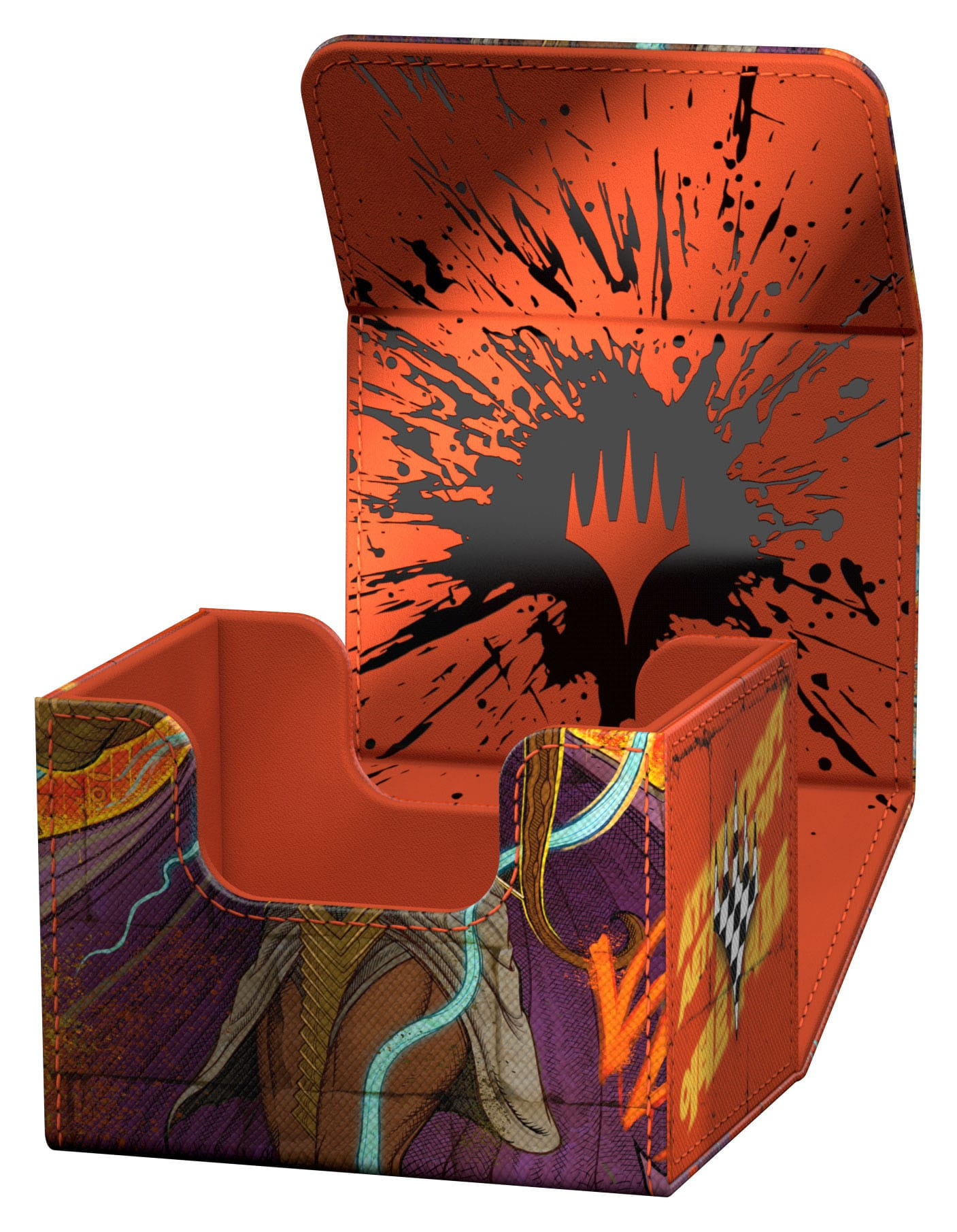 Boîte de jeu de cartes orange avec éclaboussures de peinture noires et un symbole rouge.