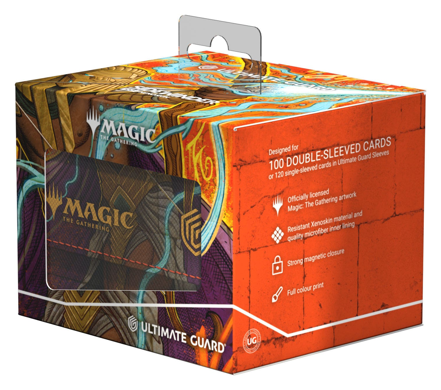 Une boîte de cartes Magic: The Gathering par Ultimate Guard, avec illustration colorée et détails produit.