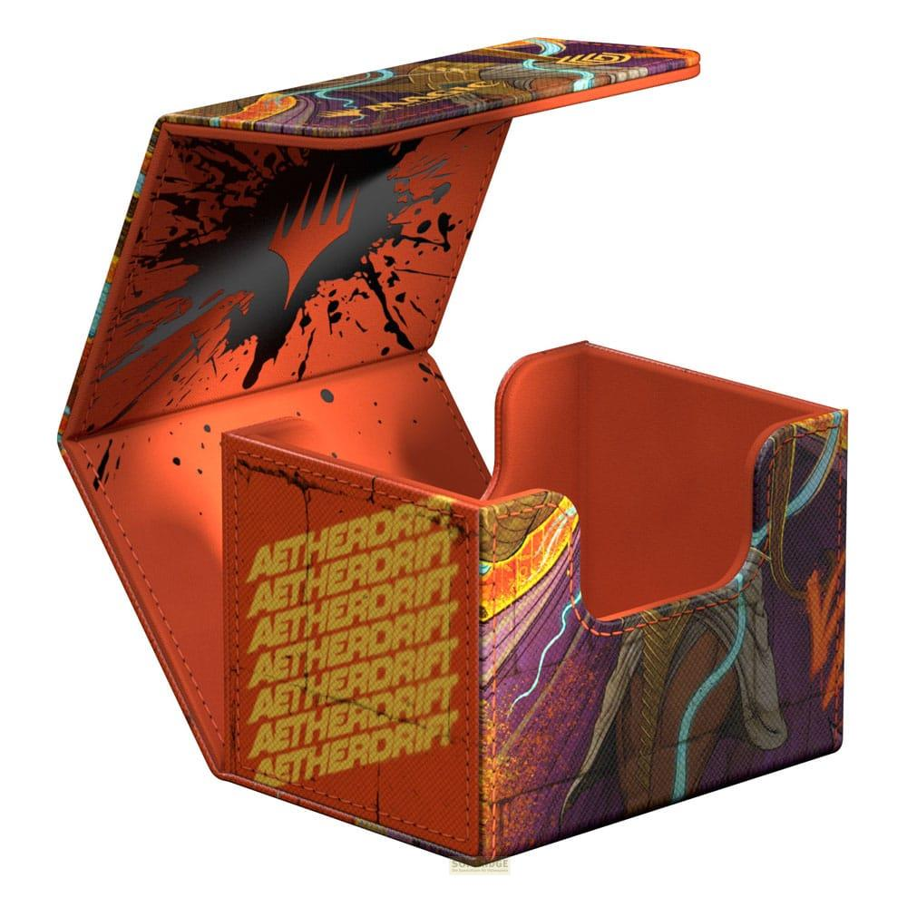 Un porte-cartes orange ouvert avec des motifs violets et dorés.