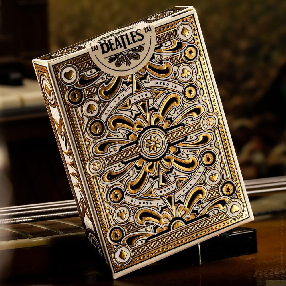 Scatola di carte da gioco Beatles con motivo oro e nero su bianco. "All You Need Is Love".