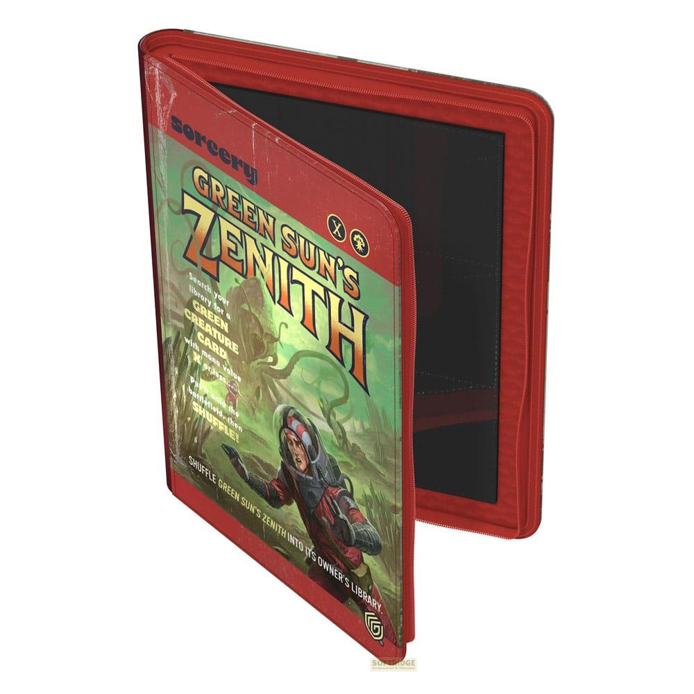 Un raccoglitore rosso con l'illustrazione della carta Sorcery Green Sun's Zenith sulla copertina.