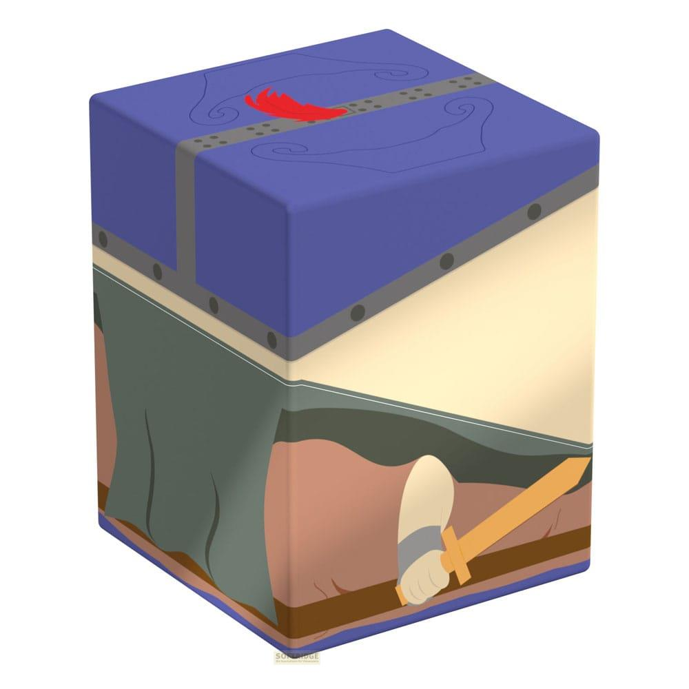 Un cubo blu con dettaglio piuma rossa e elsa di spada.